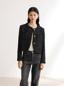 Sequin Tweed Straight Short Boxy Coat | Black