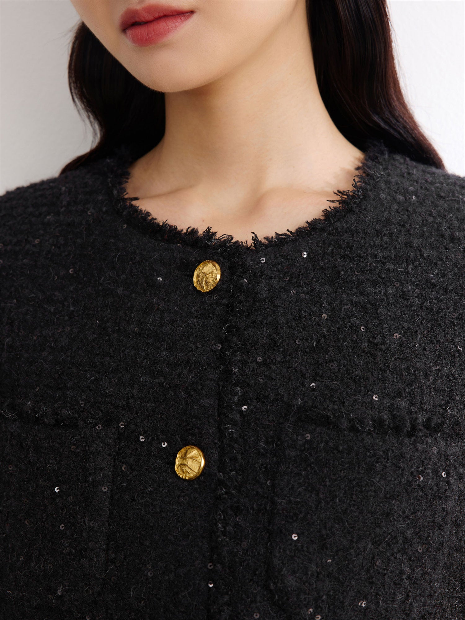 Sequin Tweed Straight Short Boxy Coat | Black