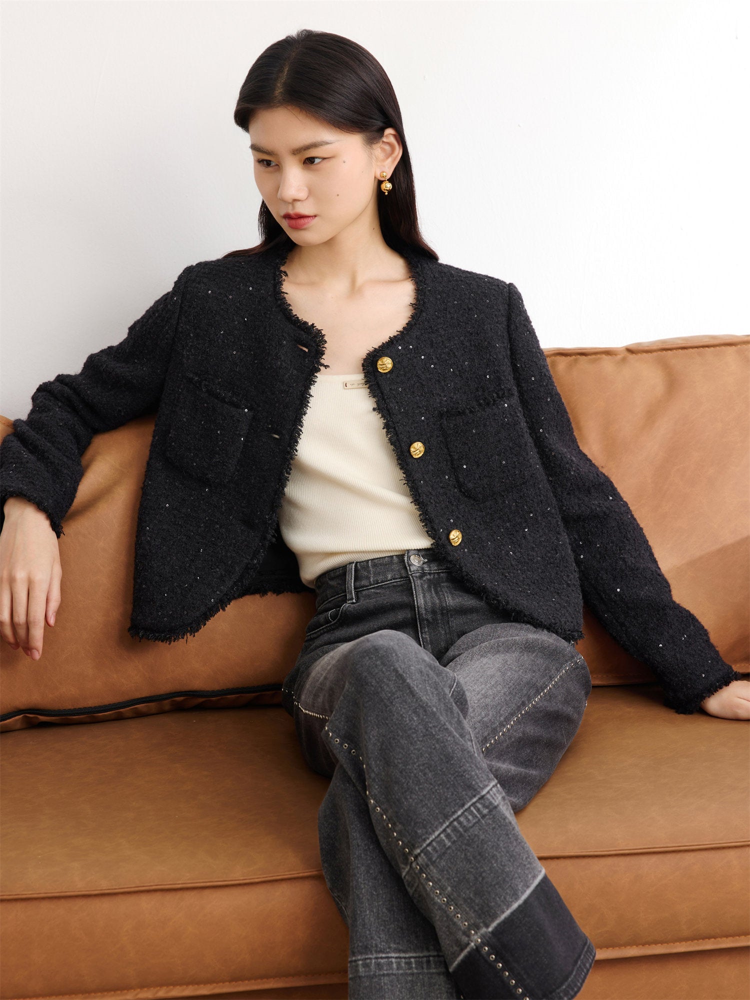 Sequin Tweed Straight Short Boxy Coat | Black