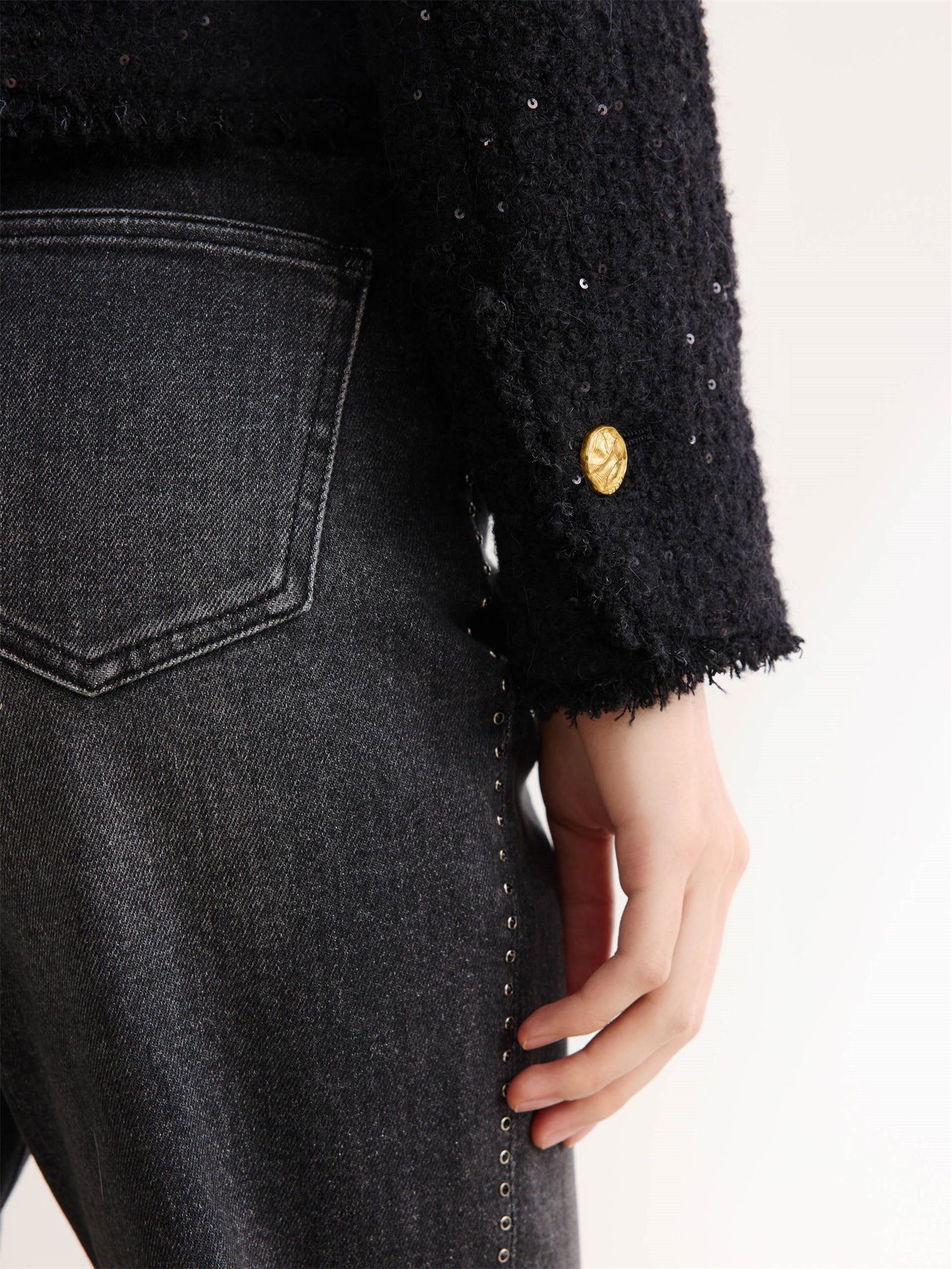 Sequin Tweed Straight Short Boxy Coat | Black