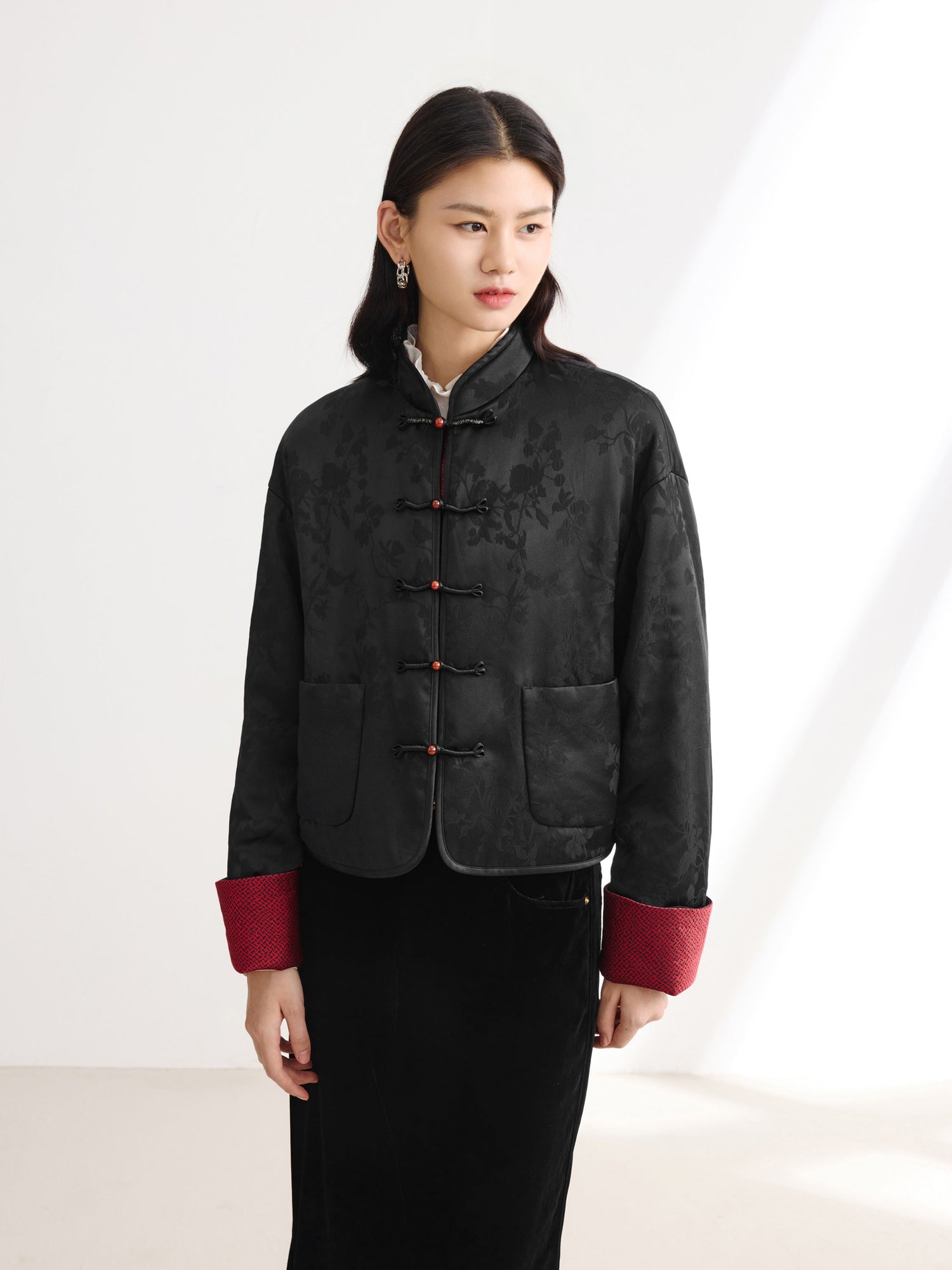 Mulberry Silk Neo-Chinese Jacquard Coat | Black
