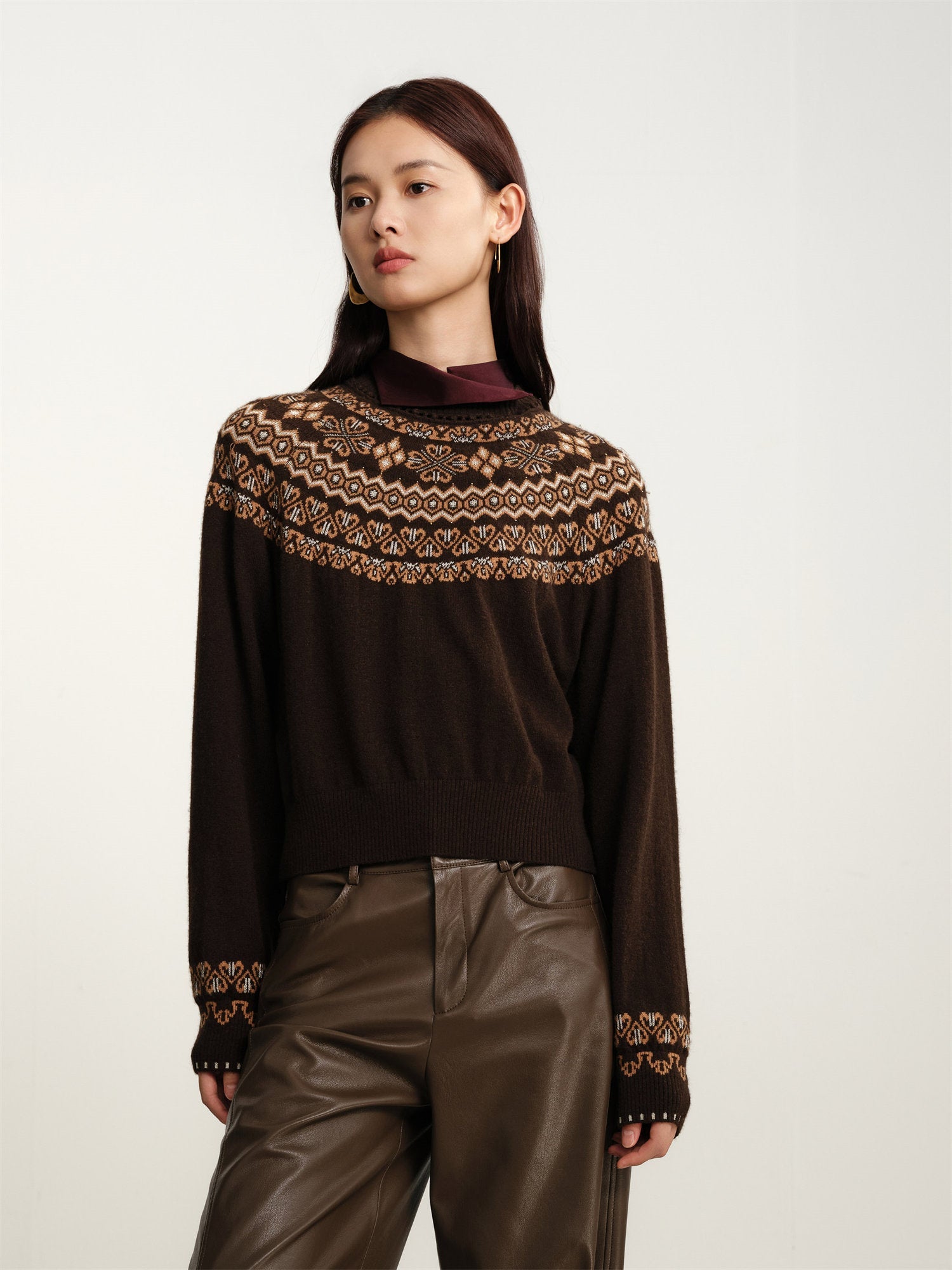 Coffee Yak Wool Ethnic Jacquard Pullover Sweater | Brown
