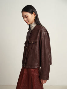 Leather Round Neck Leather Jacket | Brown