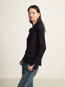 Mandarin Collar Long-Sleeve Top | Black