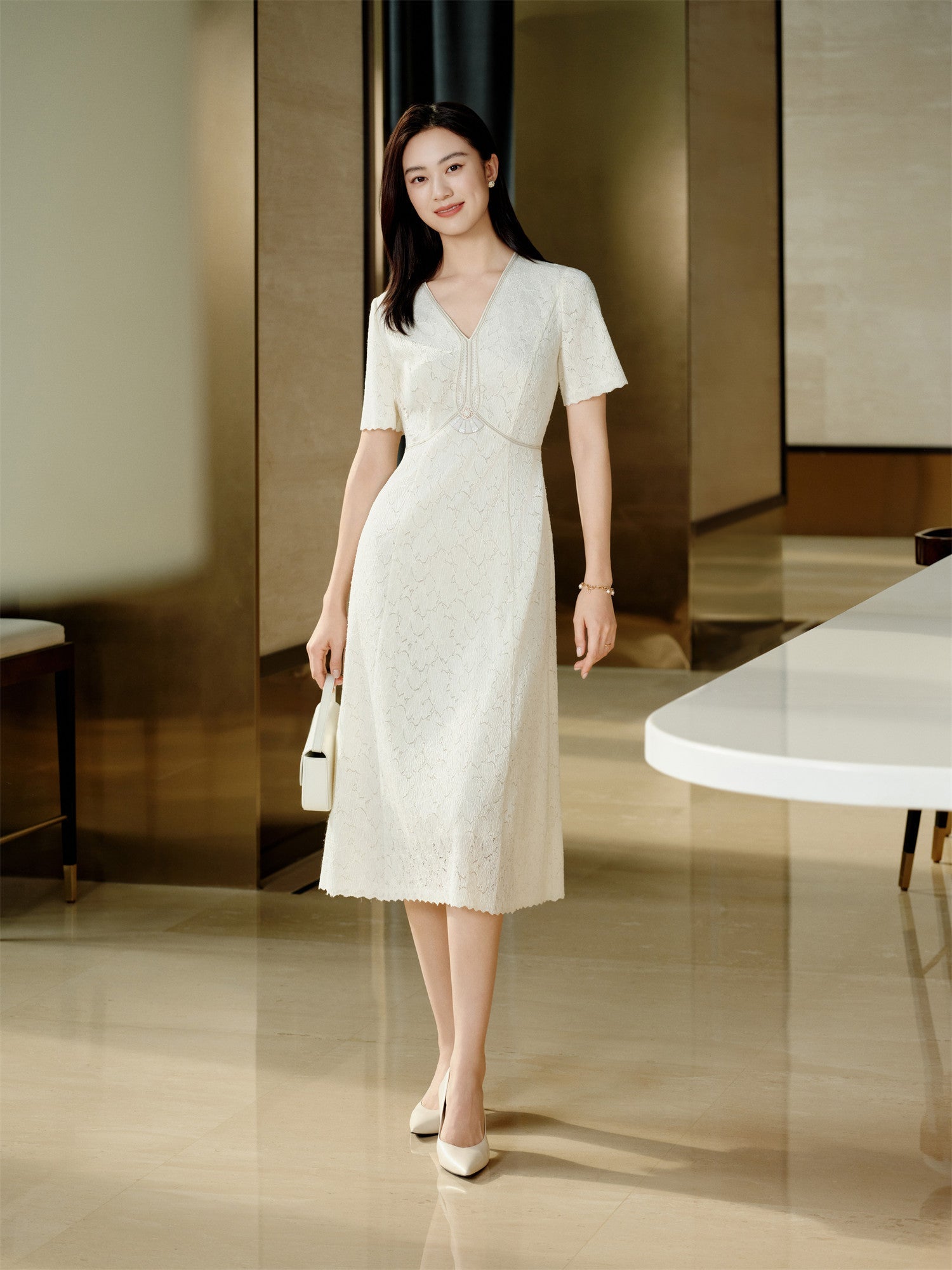 Pleated Lace Dress | Beige