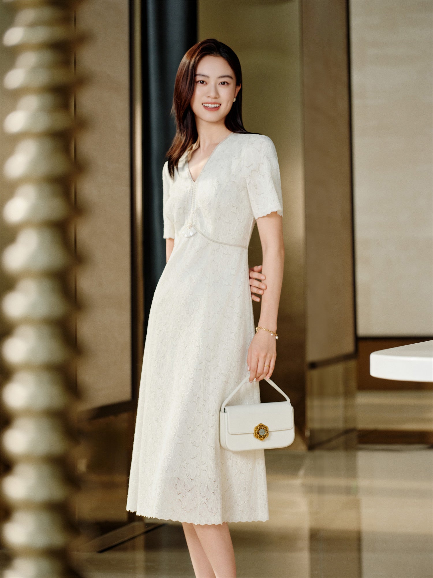 Pleated Lace Dress | Beige
