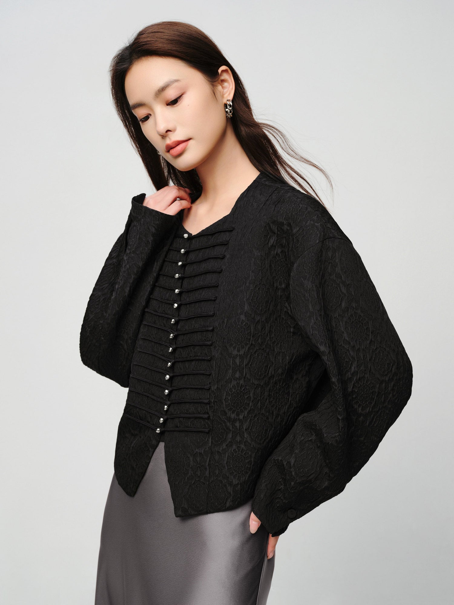 Mulberry Silk Wool Jacquard Frog Button Jacket | Black