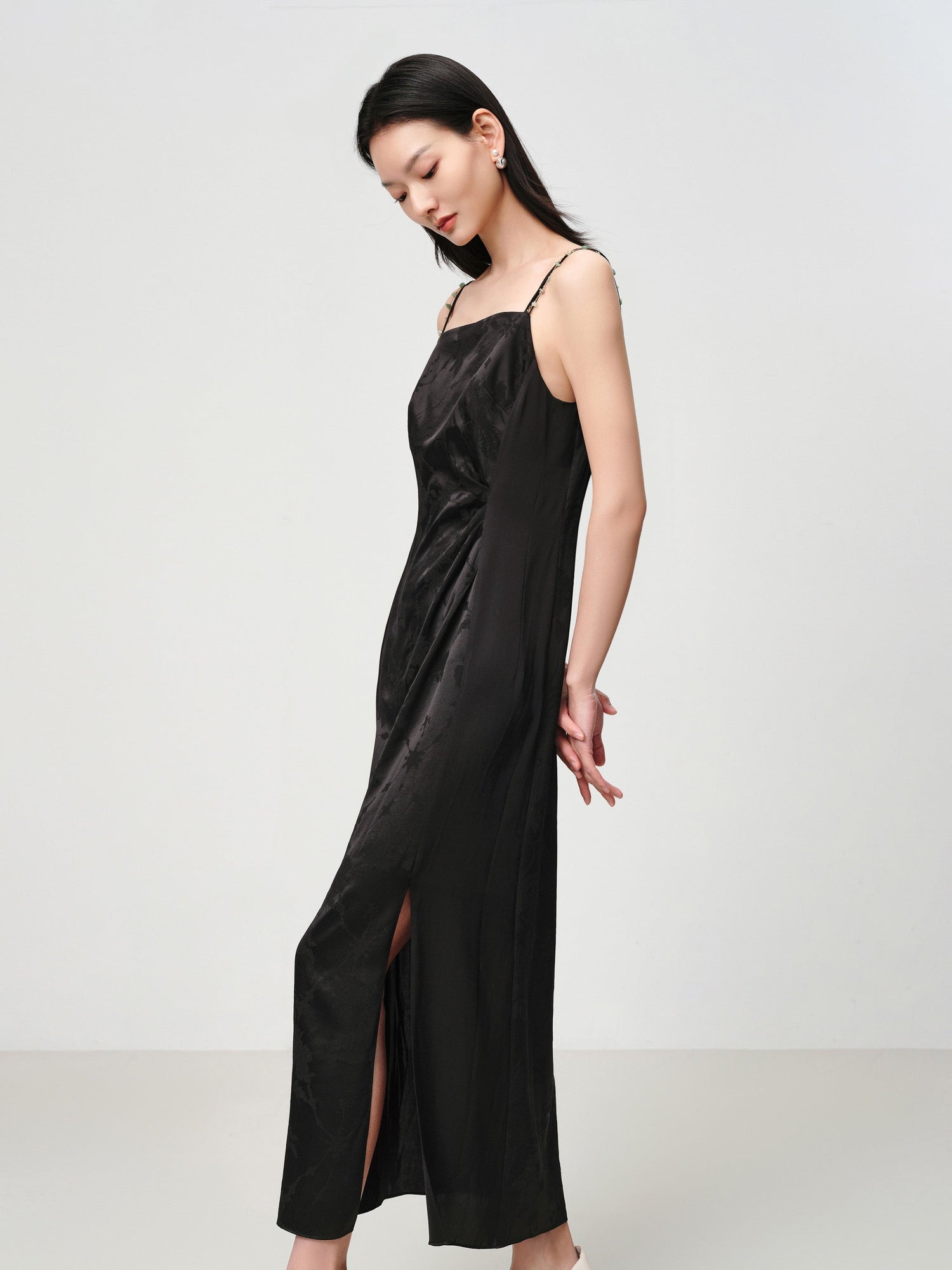 Elegant Mulberry Silk Jacquard Skirt Camisole Dress | Black