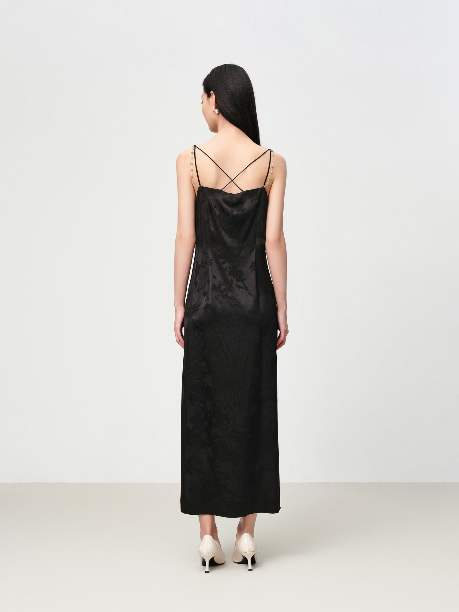 Elegant Mulberry Silk Jacquard Skirt Camisole Dress | Black