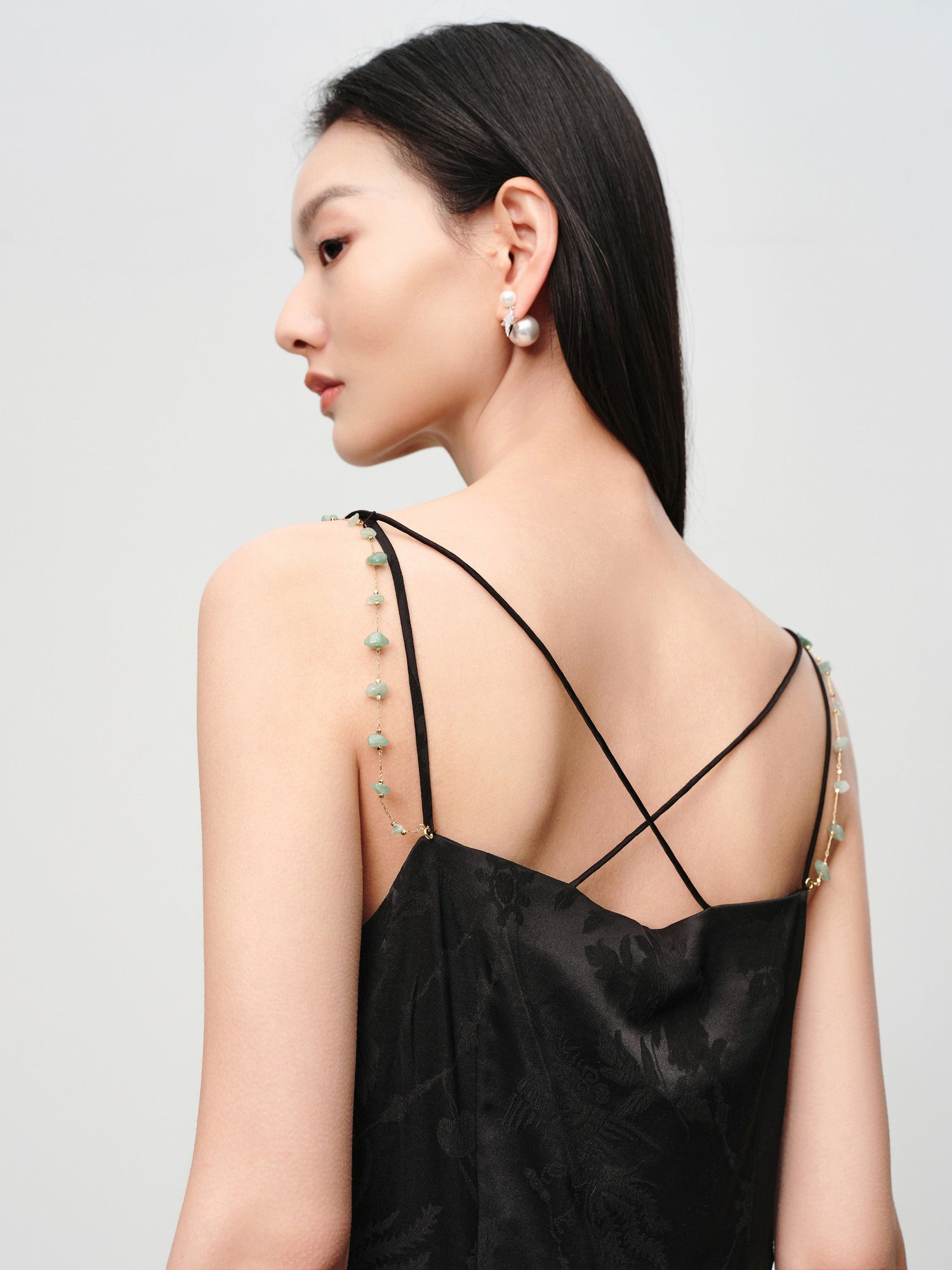 Elegant Mulberry Silk Jacquard Skirt Camisole Dress | Black