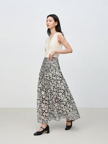 Cotton Printed Pleated Skirt | Black