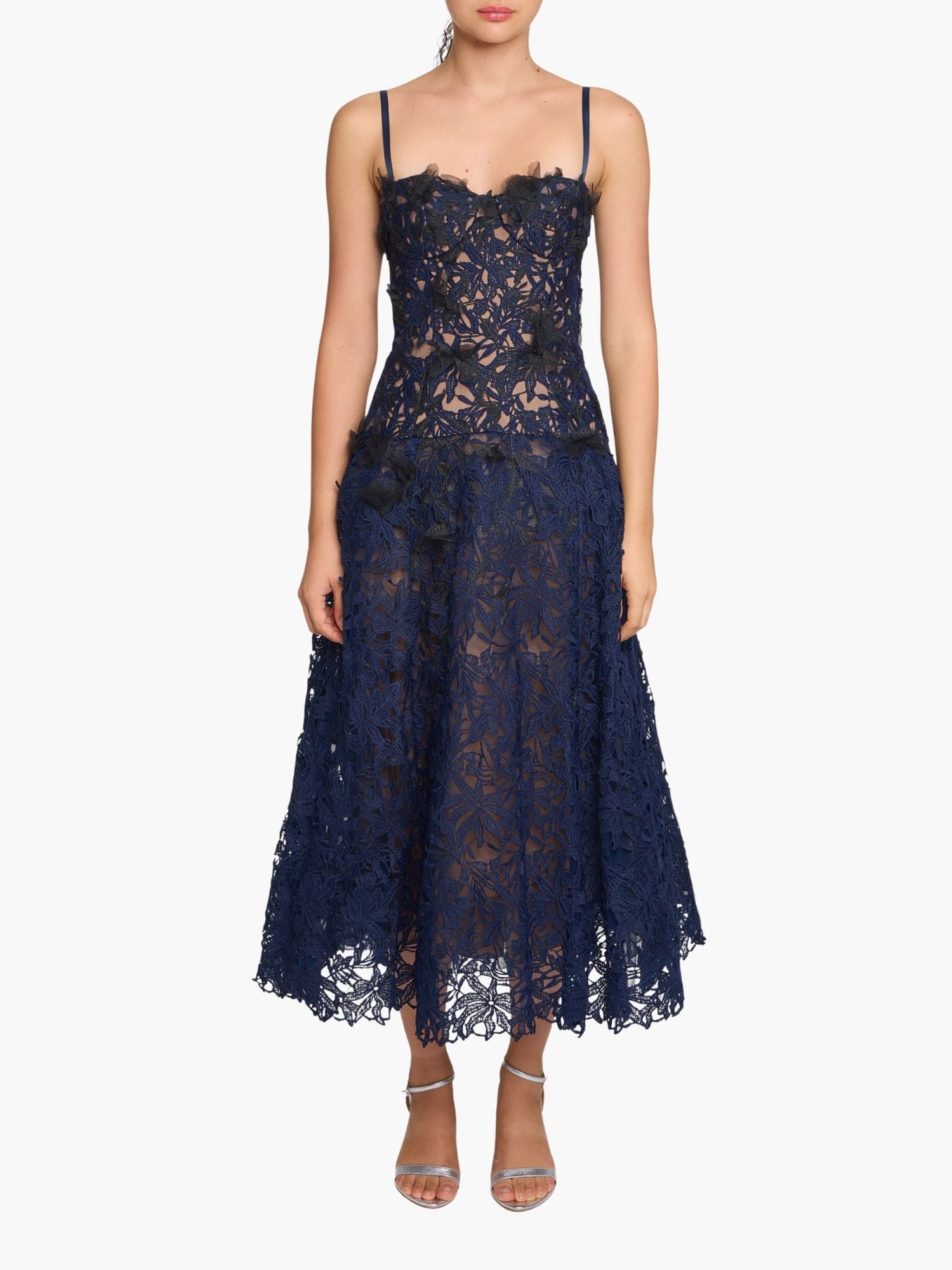 Vivarium Vines Lace Guipure A-line Midi Dress | Black/Navy