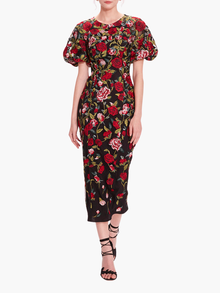 Roses Tulle Midi Dress | Black/Red