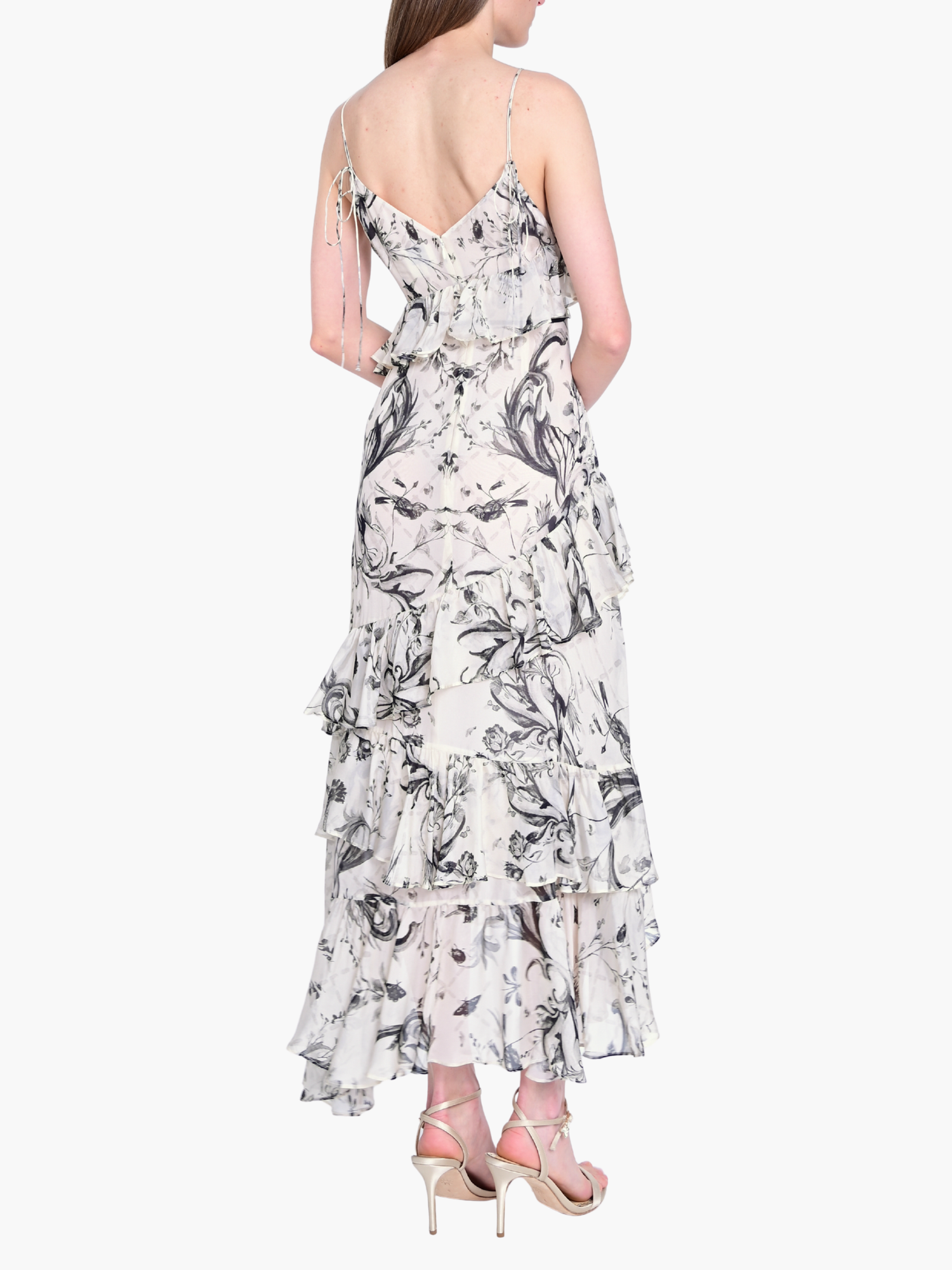 Swan Print Chiffon Ruffled Wrap Slip Maxi Dress | Stone Multi