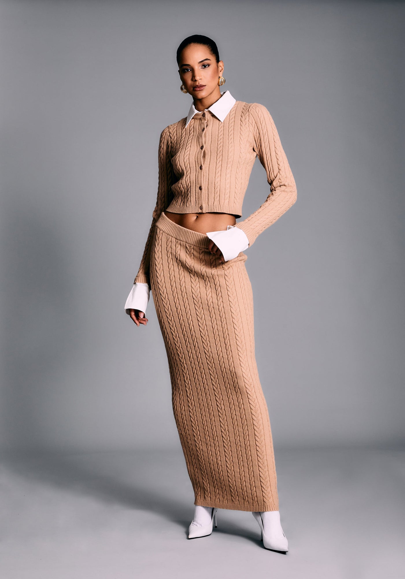 Womens | Prunella Cable Knit Skirt | Tan