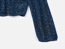 Sequin Embroidery Designer Cropped Knit Top | Navy
