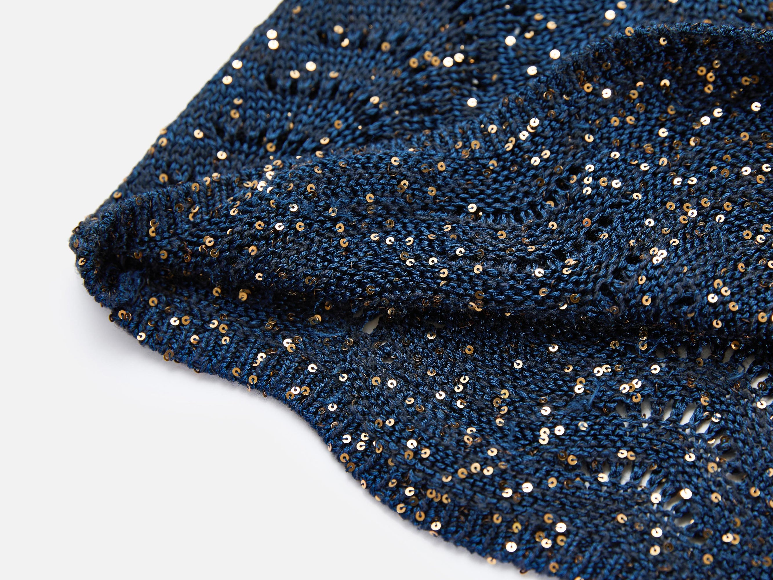 Sequin Embroidery Designer Cropped Knit Top | Navy