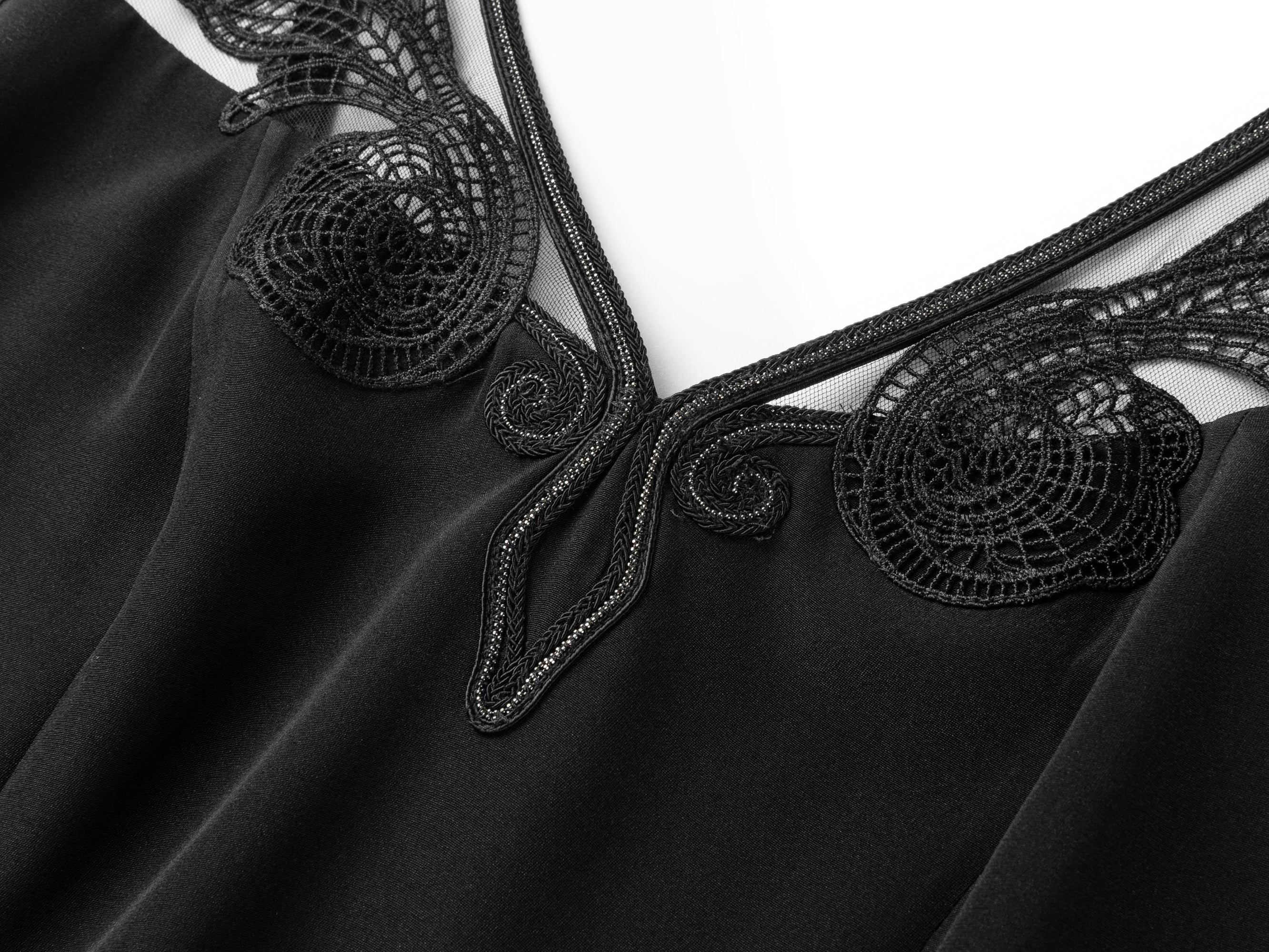 Silk V-Neck Embroidered Sleeveless Waist-Defining Dress | Black