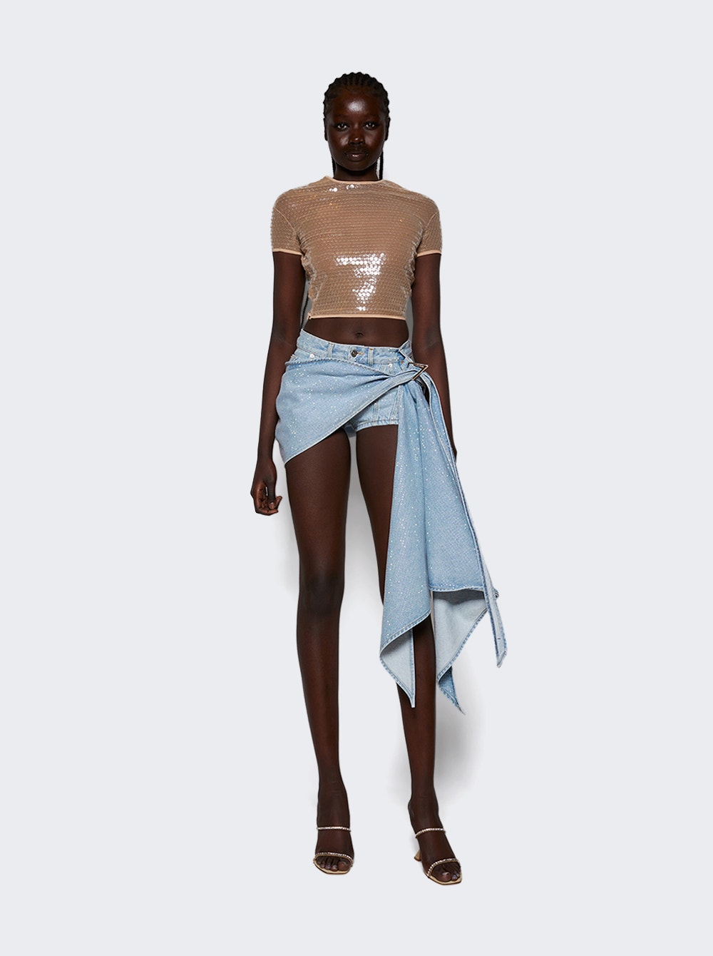Women | Mugler | Shiny Sequin Crop Top | Tan