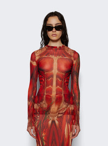Women | Jean Paul Gaultier | Mesh Long Sleeve Top | Red Écorché Print