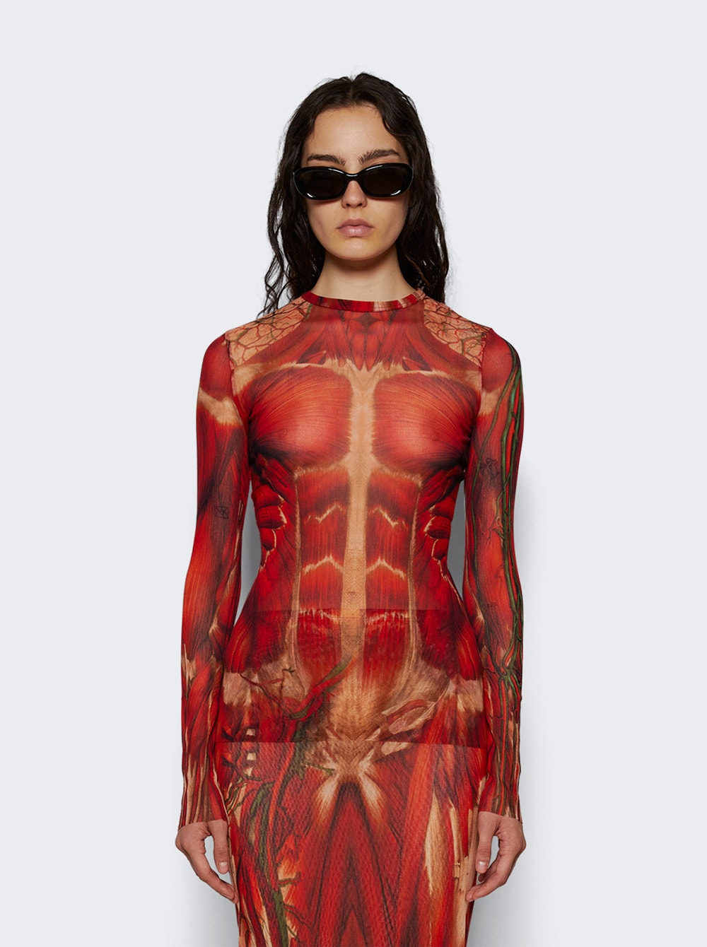 Women | Jean Paul Gaultier | Mesh Long Sleeve Top | Red Écorché Print