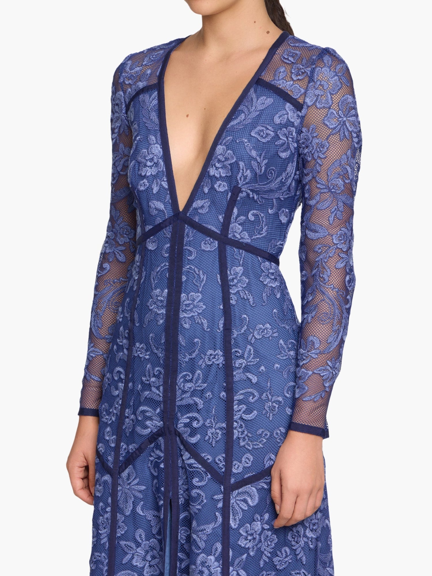 Victorian Corded Lace Deep V Button Maxi Dress | Blue