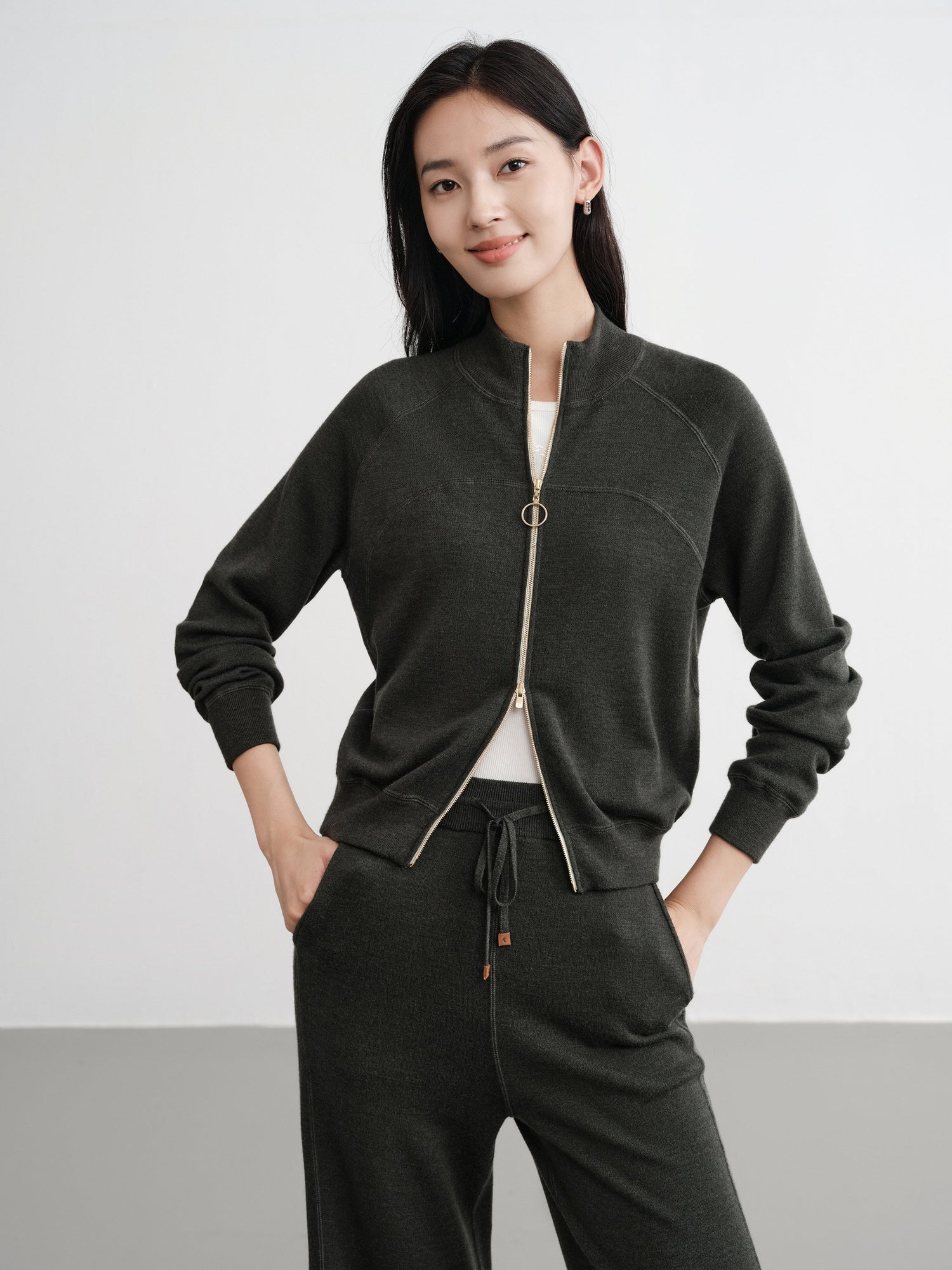 Worsted Wool Raglan Sleeve Straight Jacket | Green