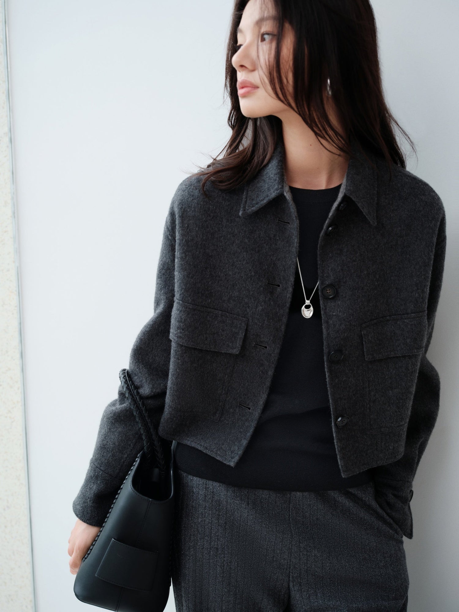 Premium Wool Lapel Collar Double-Faced Wool Shirt Jacket | Grey