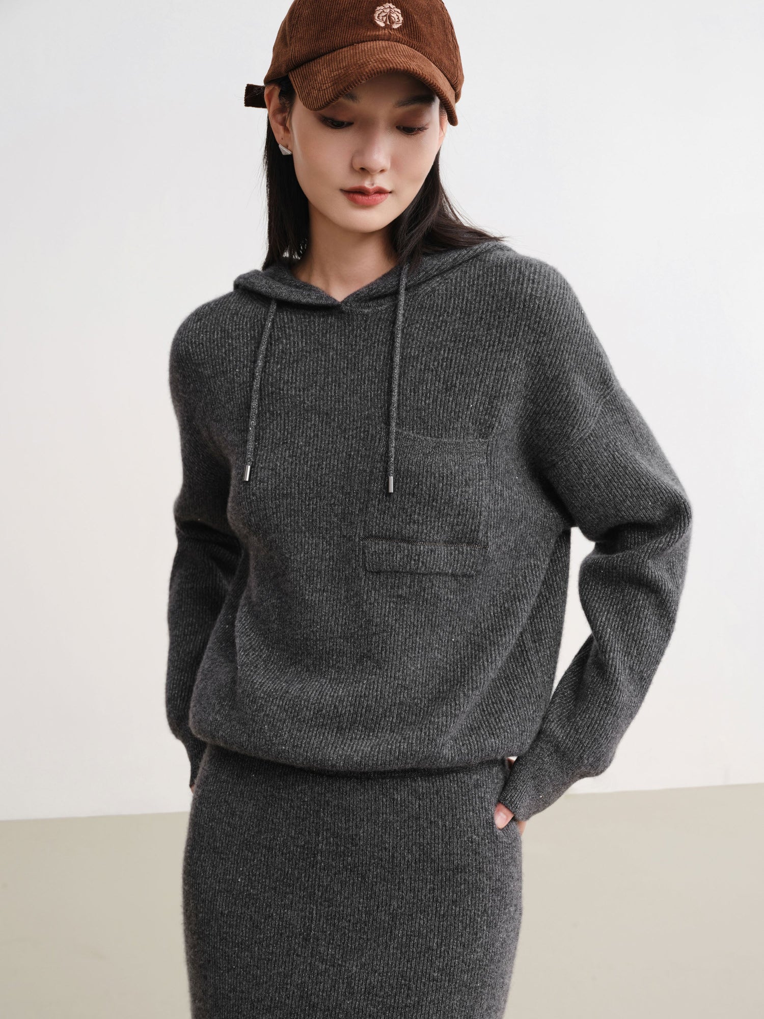 Metallic Thread Cashmere Hoodie | Grey