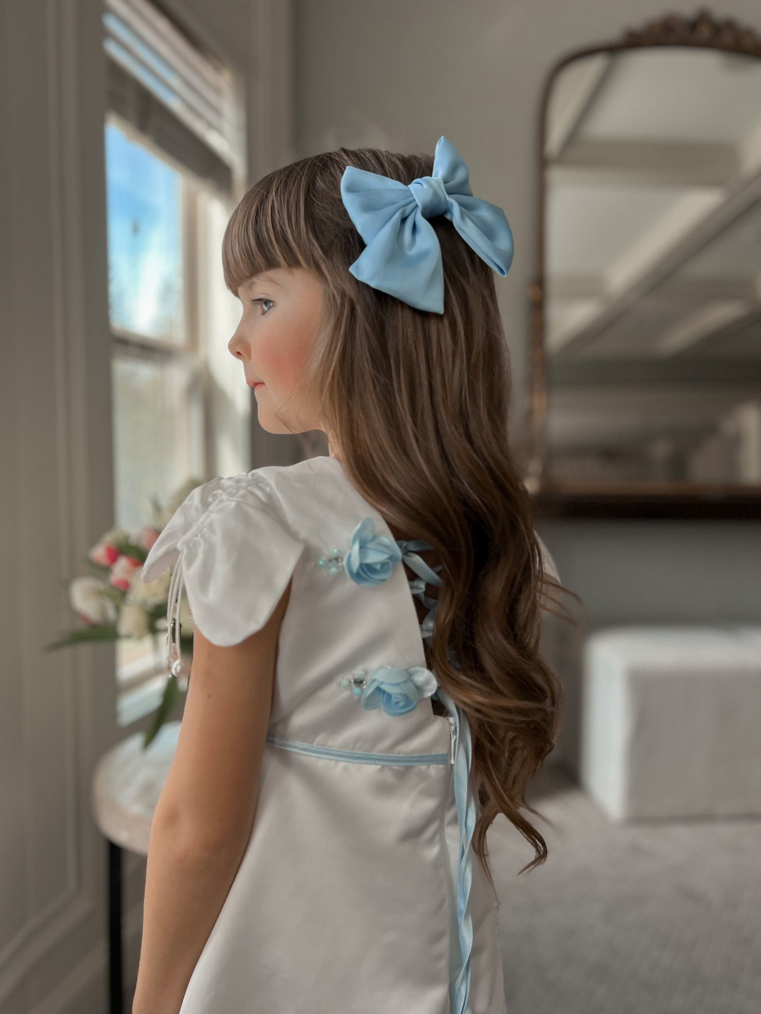Girl | Daphne Satin Dress with Embroidery | White x Blue