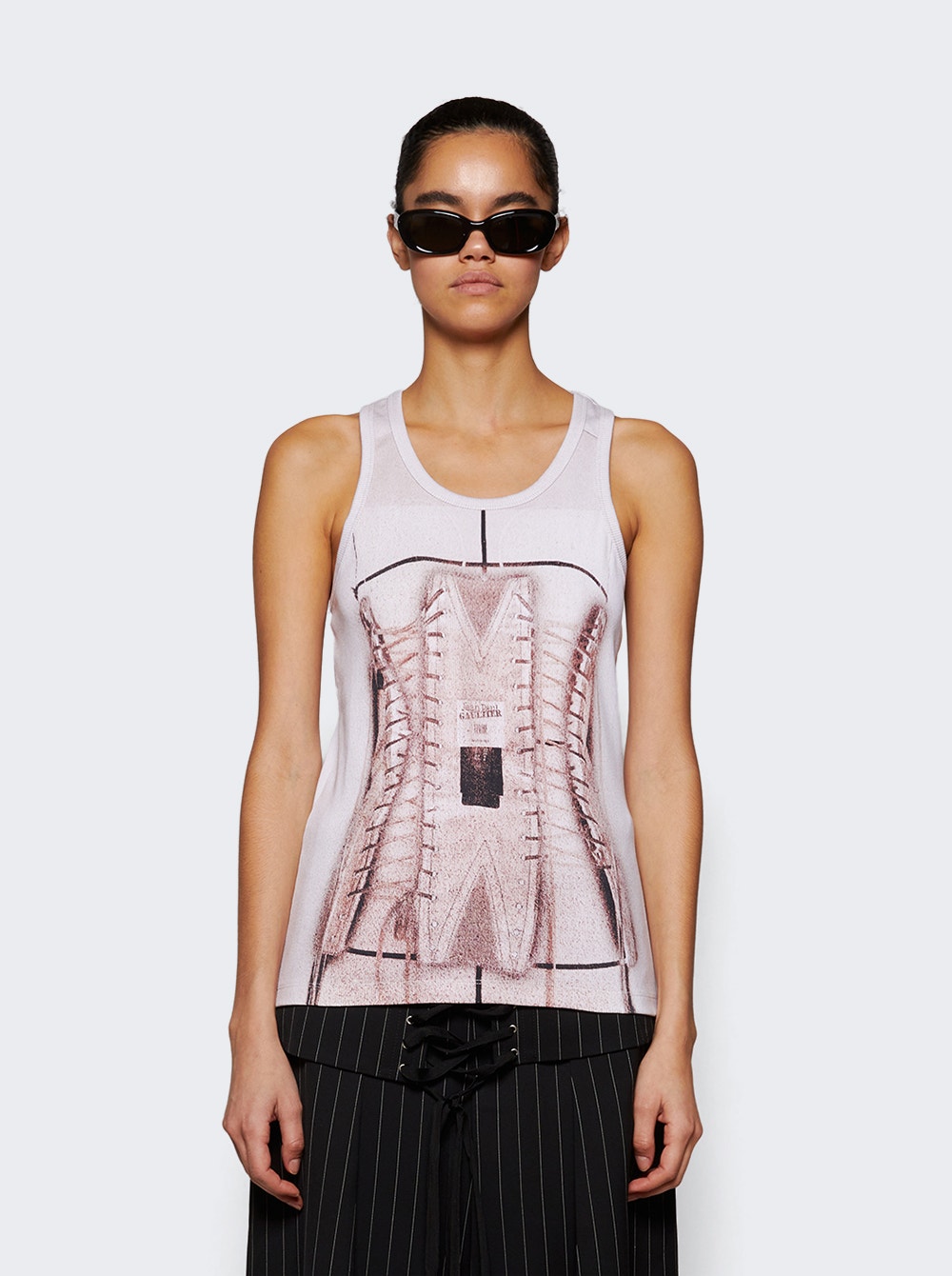 Women | Jean Paul Gaultier | Cotton Ribbed Corset Trompe-lÅil Tank Top | Dusty Pink