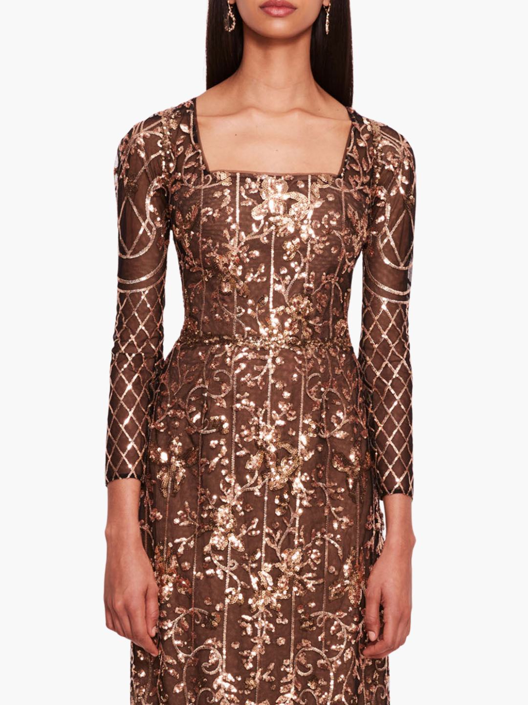 Sequin Lattice Sleeved Gown | Black/Gold