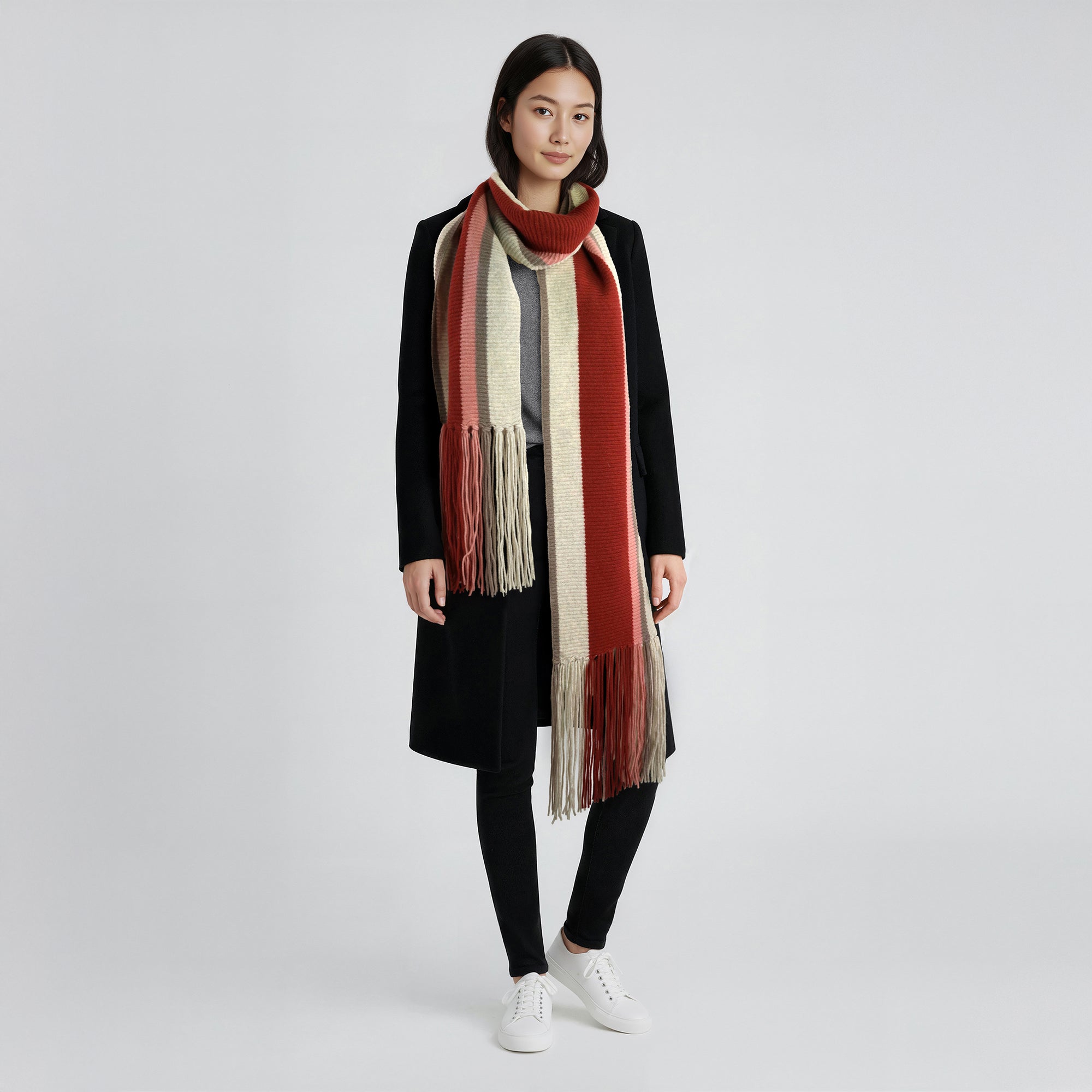 Womens | Maxy Striped Scarf with Fringes | White/Woodsmoke