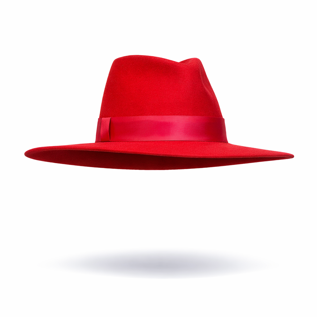 Red hat with pink band on white background