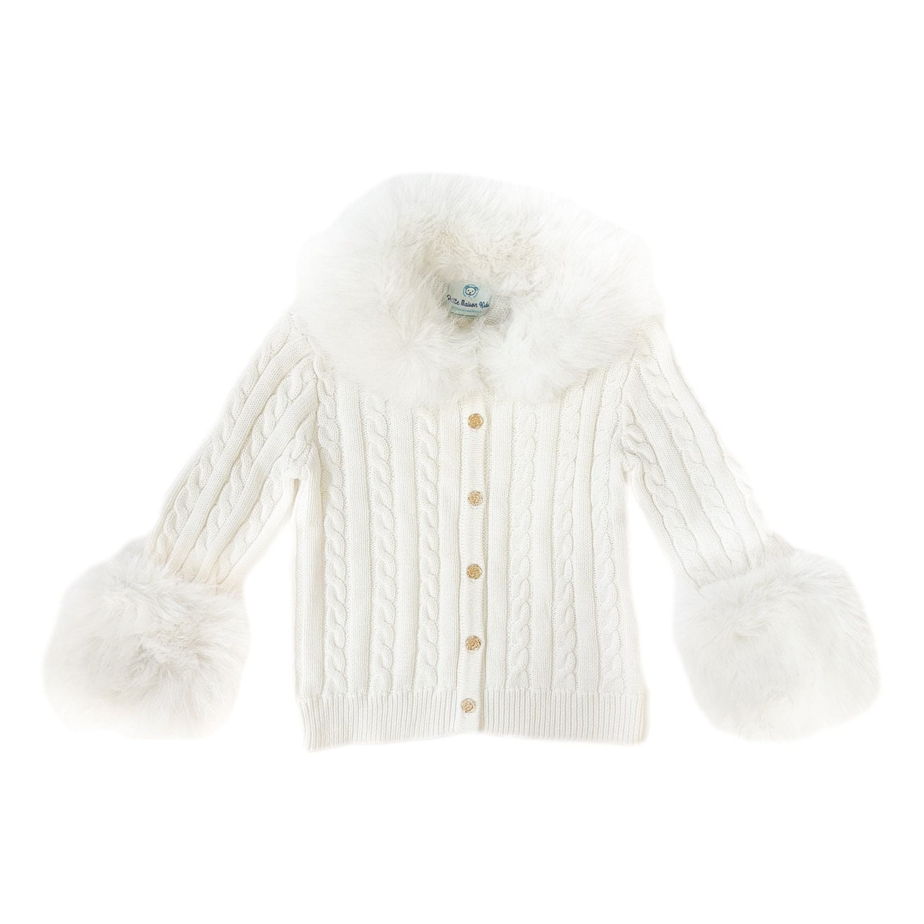 Girl | Cableknit Faux Fur Cotton Cardigan | White