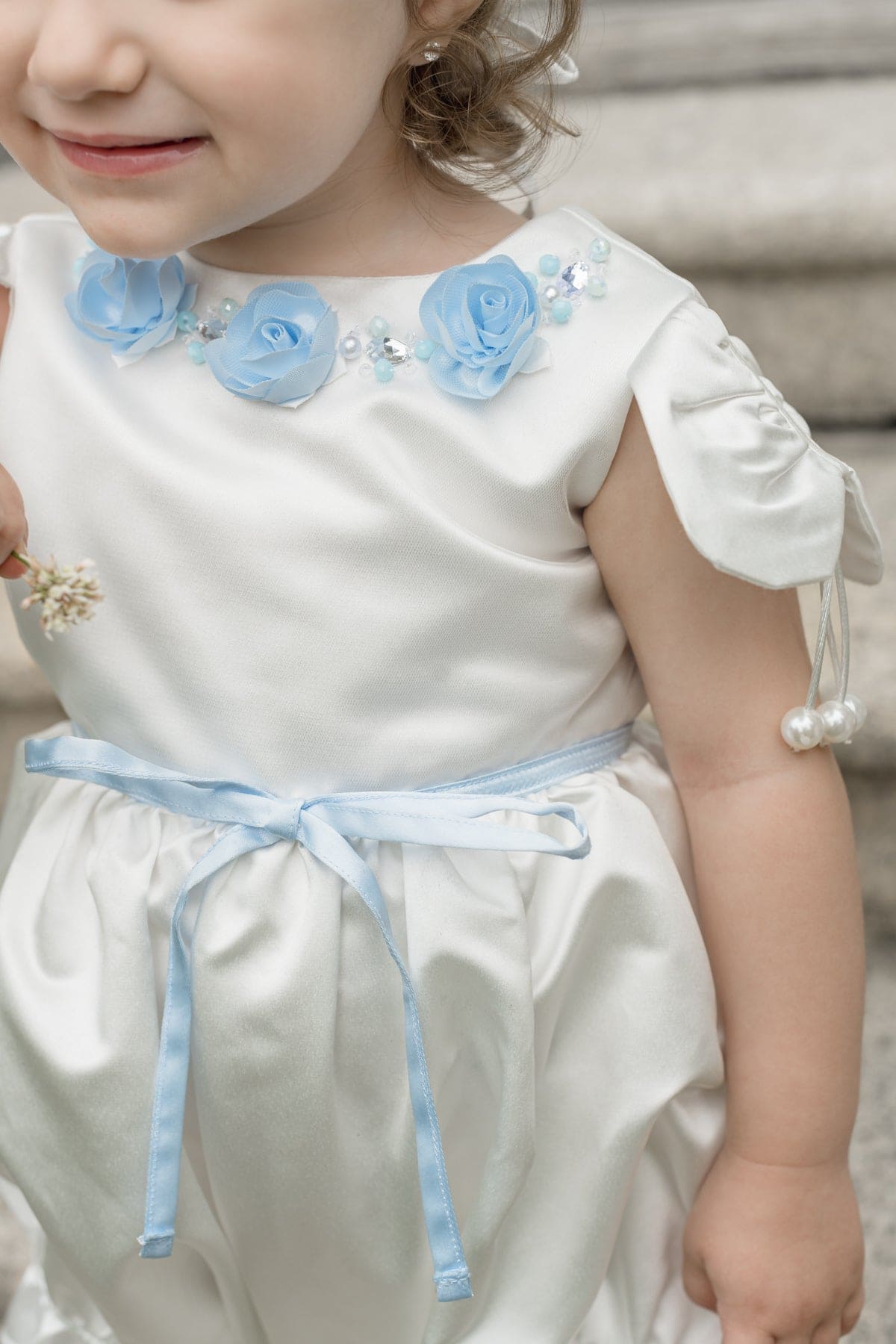 Girl | Daphne Satin Romper with Embroidery | White x Blue