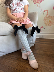 Grey Knee High Socks with Velvet Bows - Petite Maison Kids