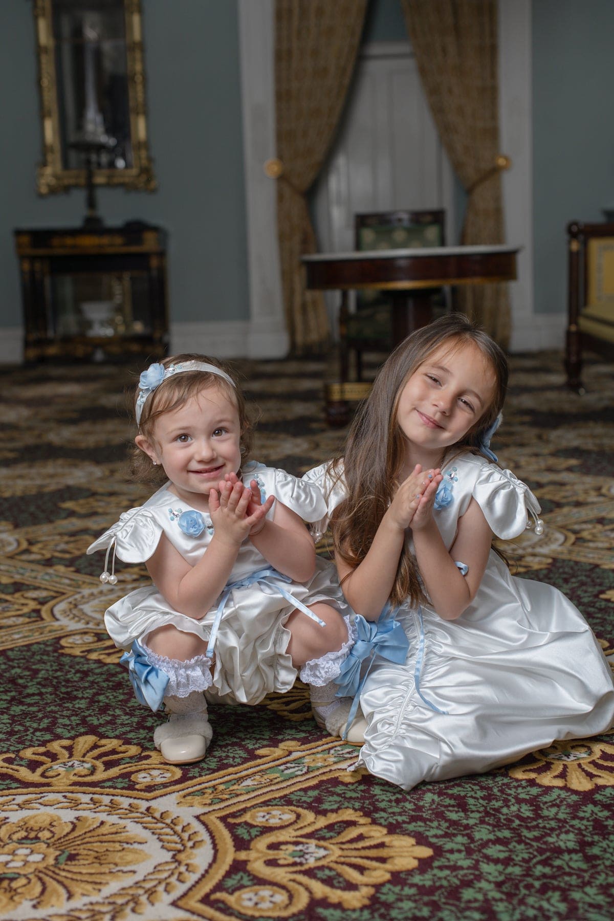Girl | Daphne Satin Romper with Embroidery | White x Blue