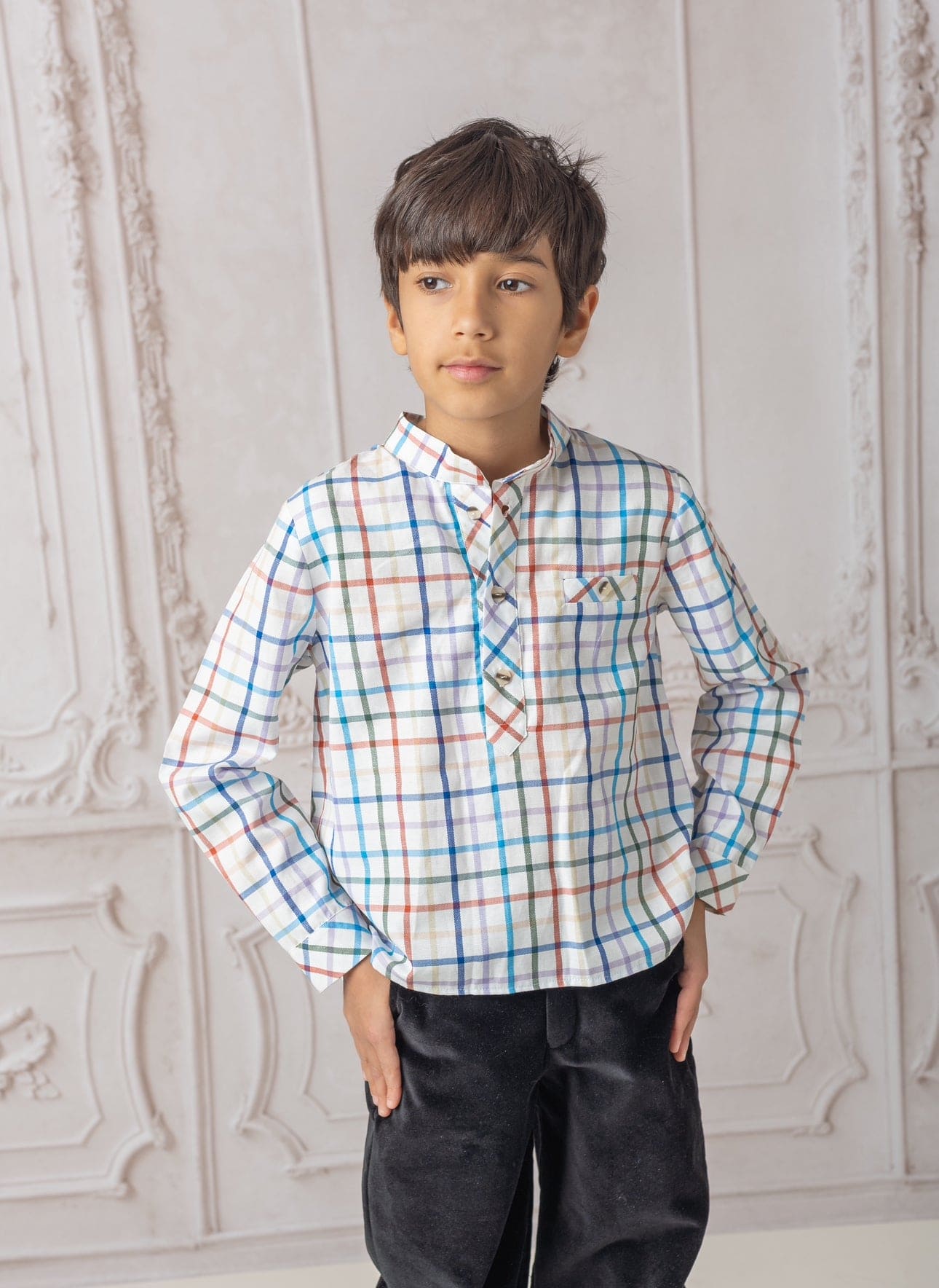 Boy | Charlie Checkered Mandarin Collar Shirt | White x  Multicolor