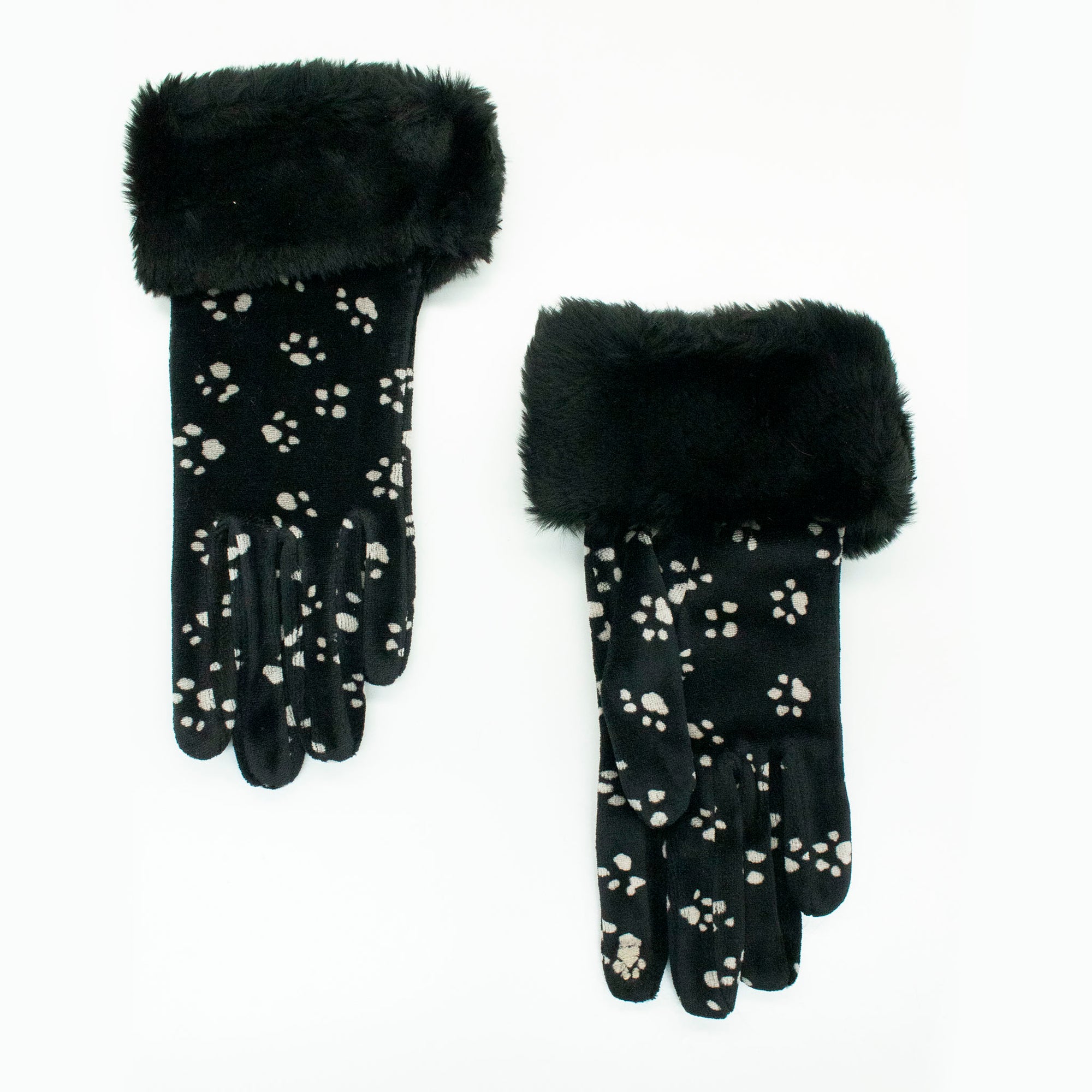 Womens | Paw Print Velvet Gloves | Black