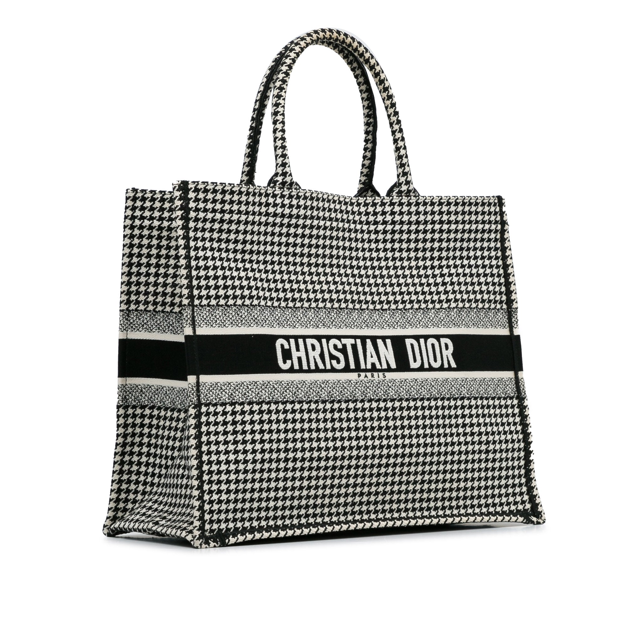 Dior | Pre-Owned Large Canvas Houndstooth Embroidered Book Tote - I | Black