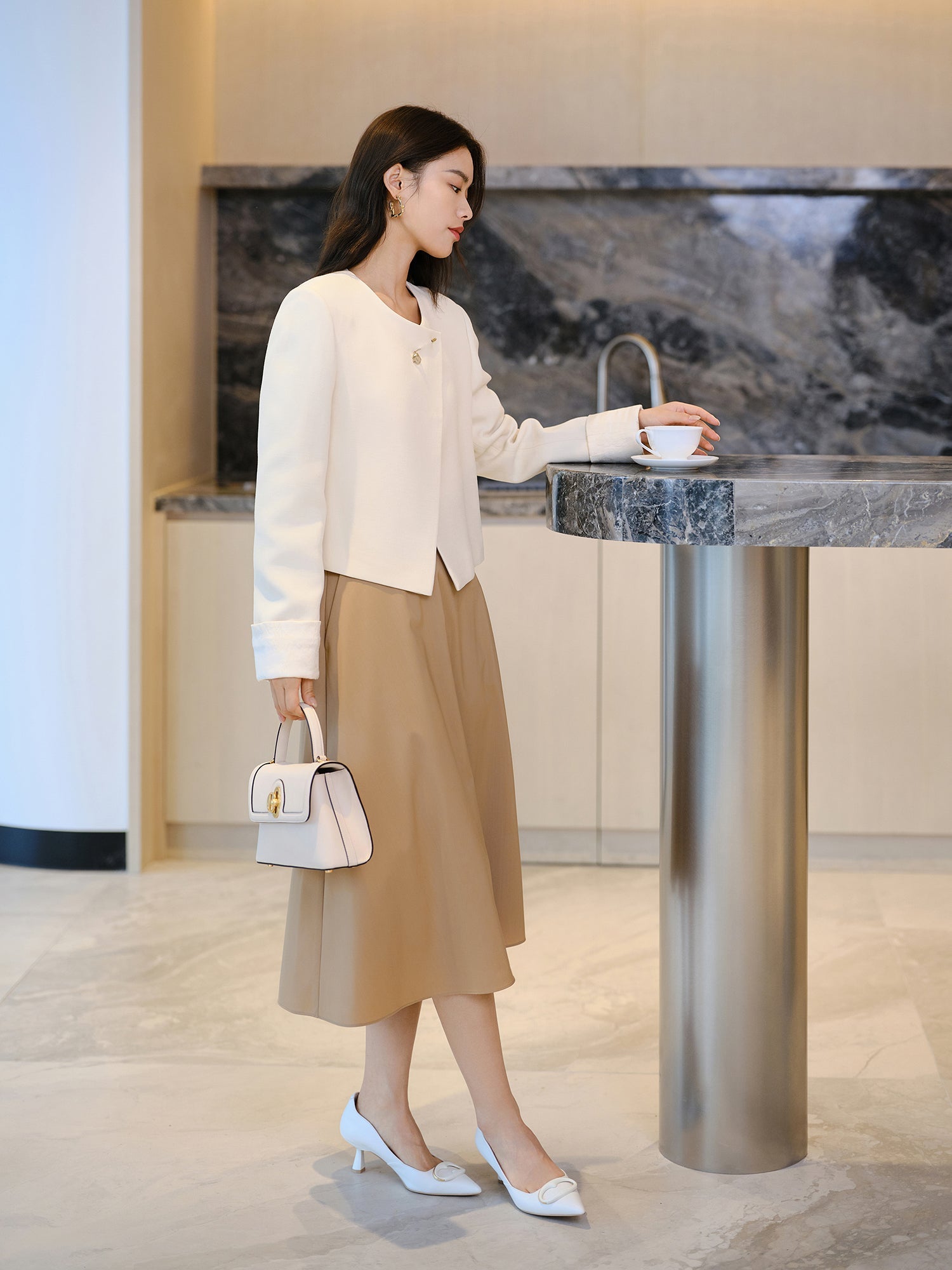 Silk Wool Cropped Jacket | Beige