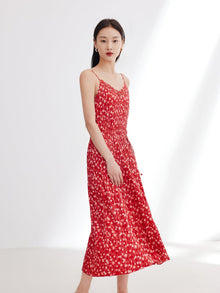 Traditional Chinese Style Floral Suspenders Dress | Red