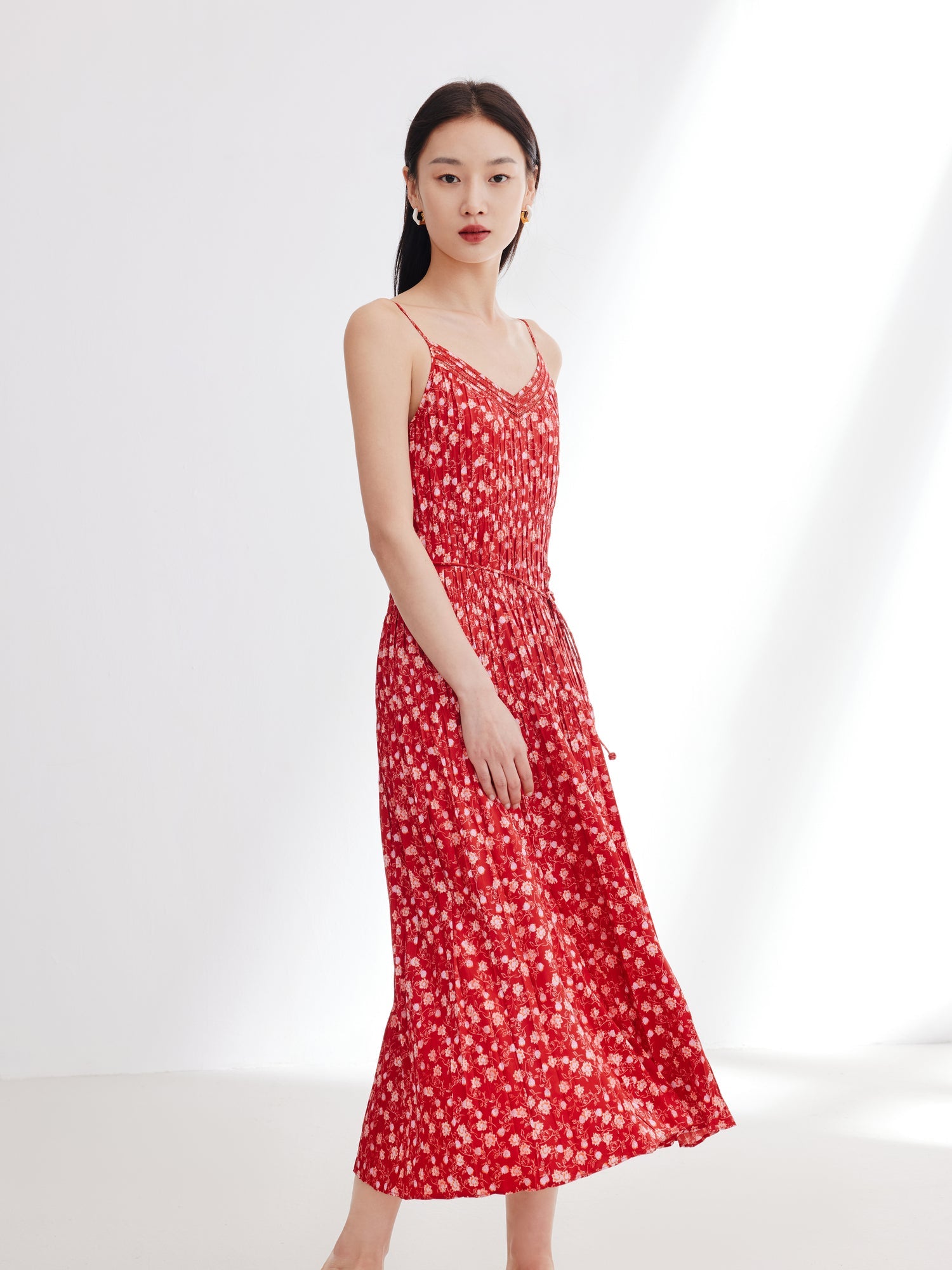 Traditional Chinese Style Floral Suspenders Dress | Red