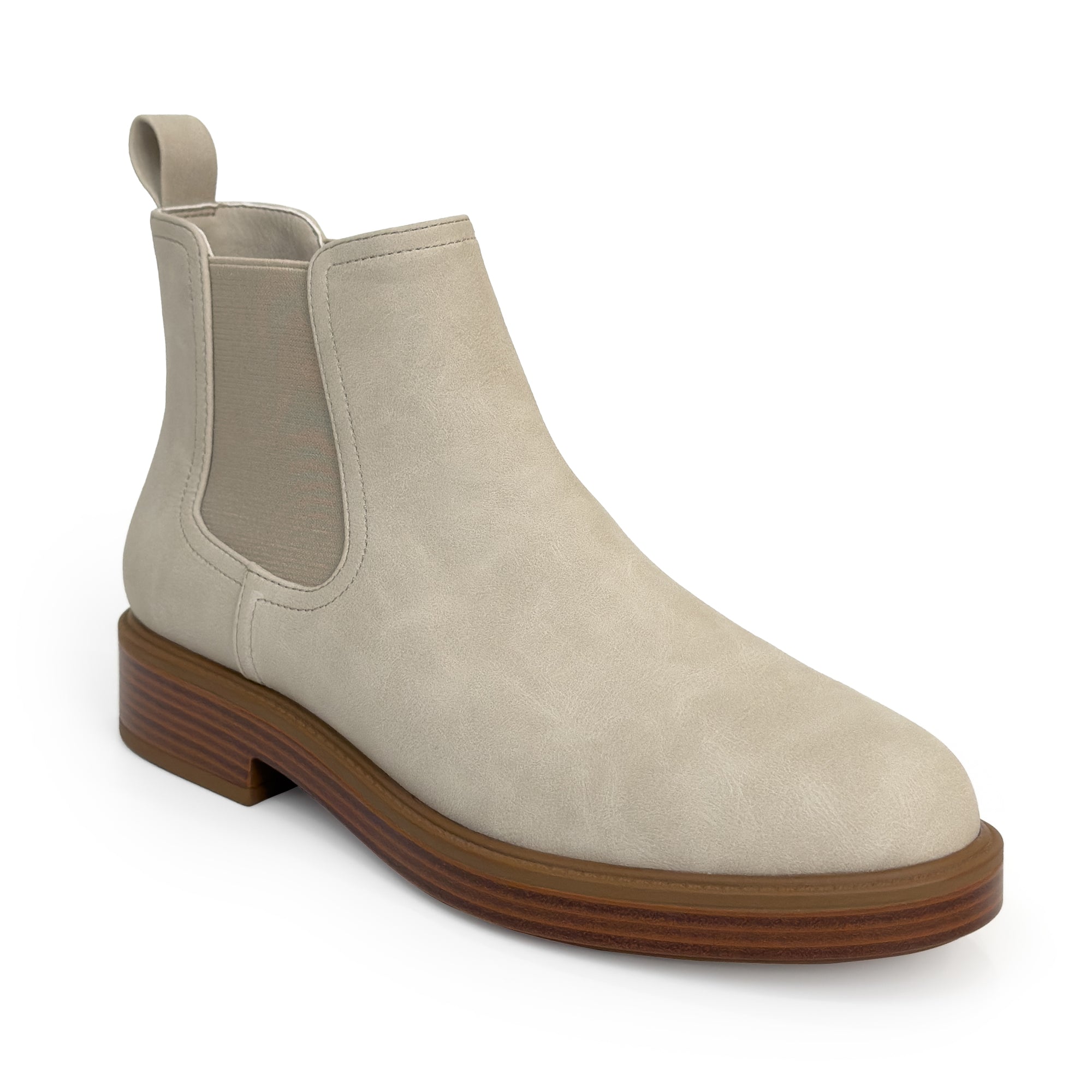 Poshan Bootie Low Block Heel | Stone Faux Tumbled Nubuck/Elastic