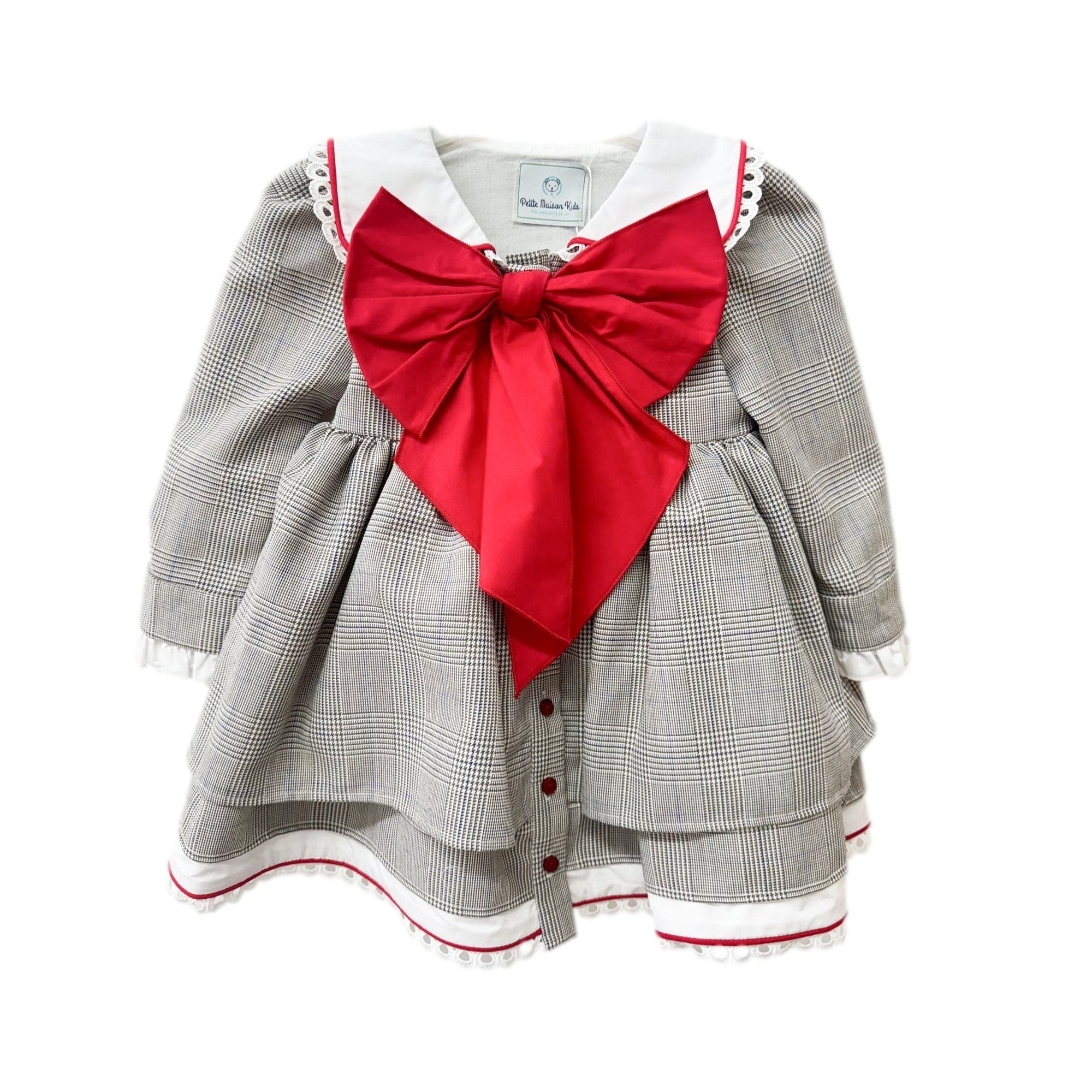 Girl | Georgina Tartan Print Dress with Bow | White x Black x Red