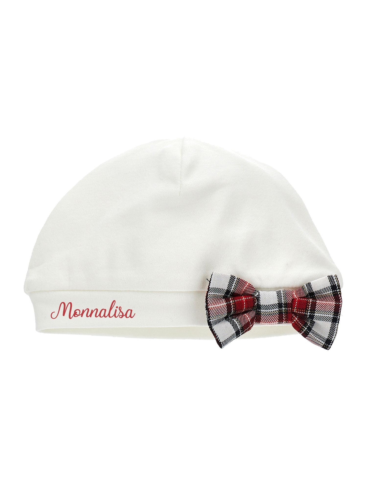 Girls | Jersey Hat With Tartan Bow | Cream/Ruby