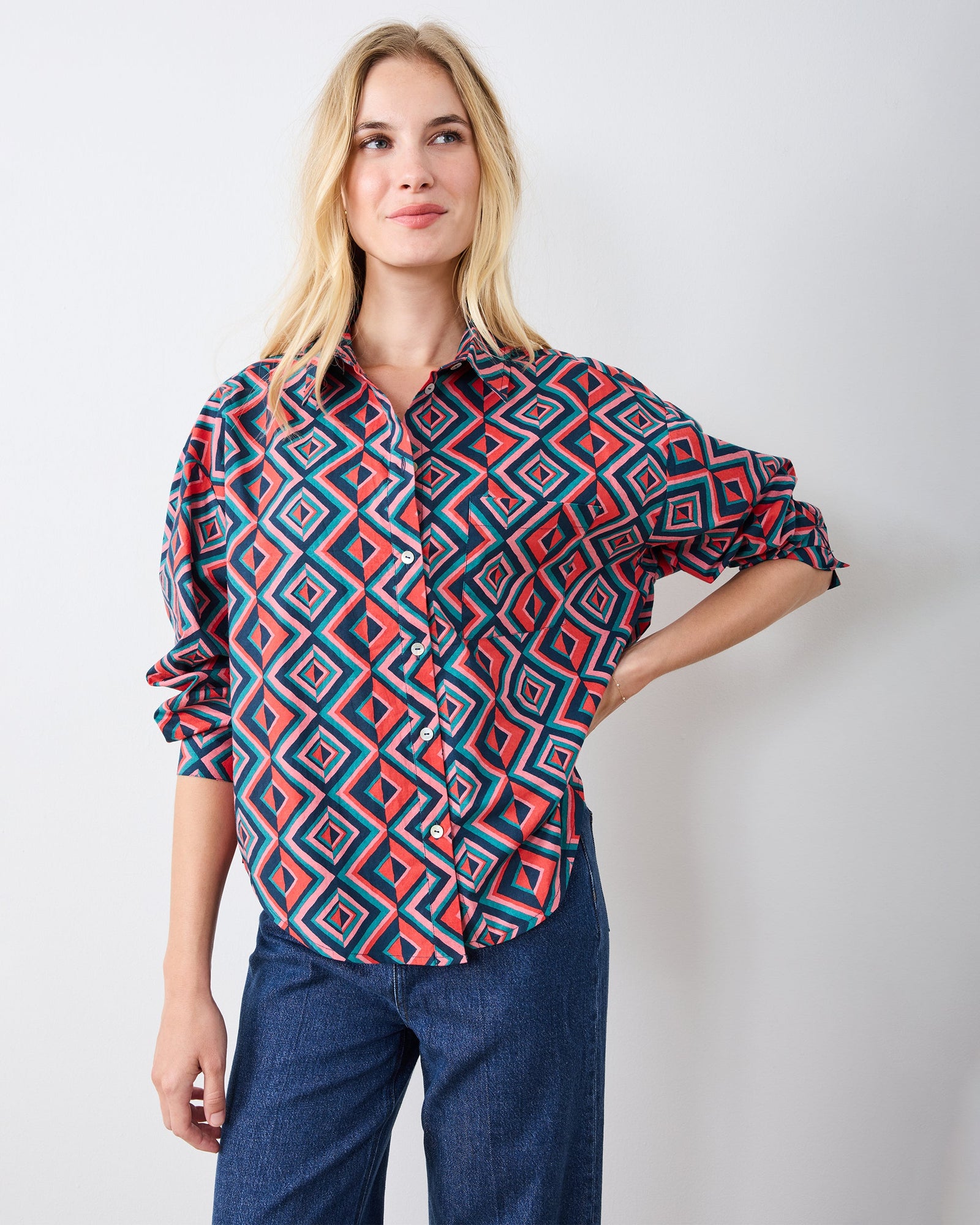 Kaleidoscope Diamond - Cleo Button Down - Navy/Red - Printfresh