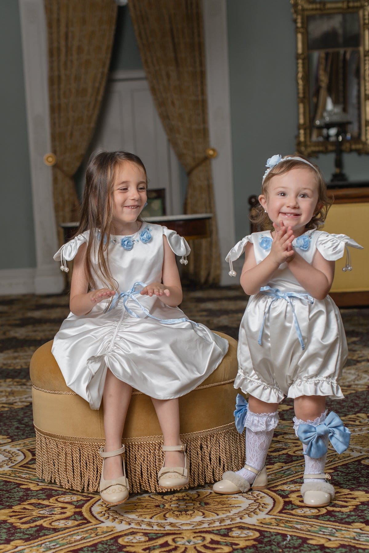 Girl | Daphne Satin Romper with Embroidery | White x Blue