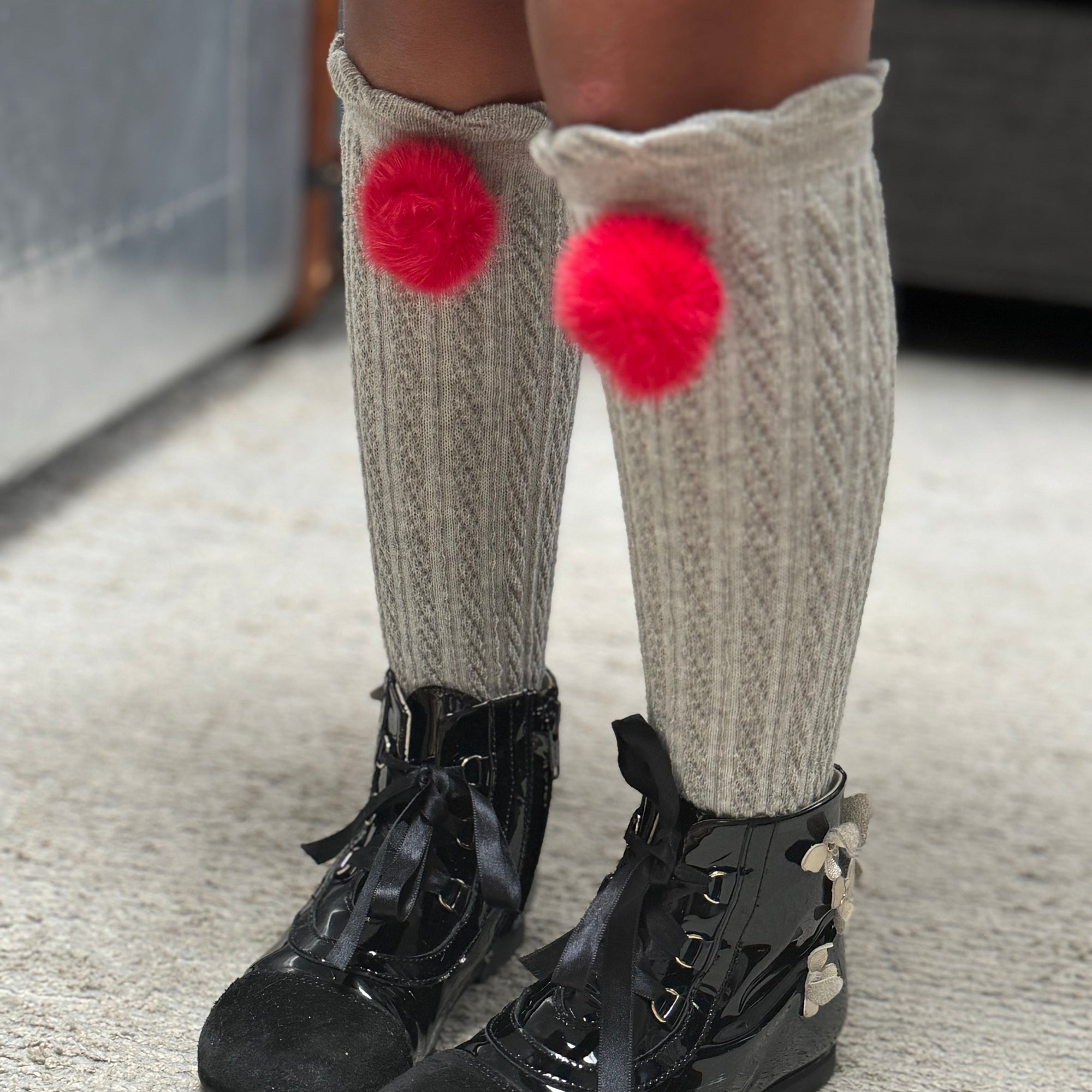 Grey Knee High Socks with Poms - Petite Maison Kids